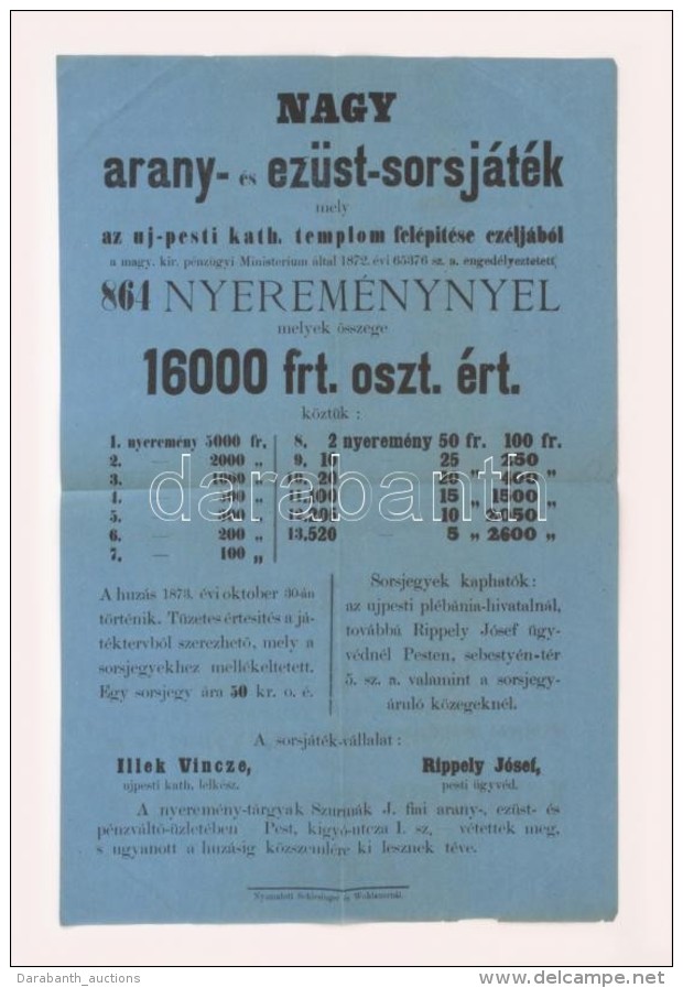 1873 Nagy Arany és Ezüst Sorsjáték Az újpesti Katolikus Templom... - Zonder Classificatie