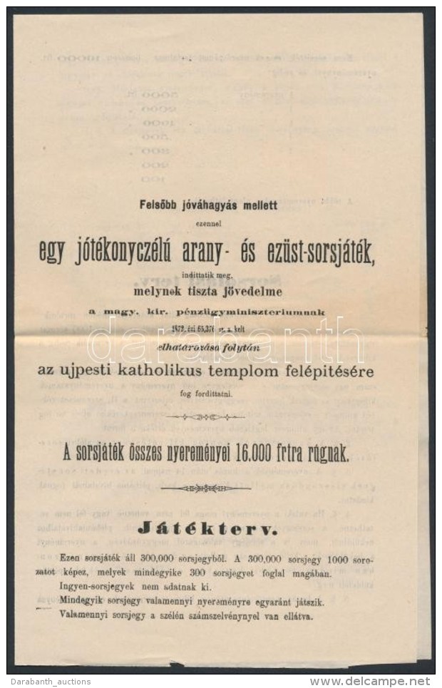 1873 Jótékonysági Arany és Ezüst Sorsjáték Hirdetménye, Amely... - Ohne Zuordnung