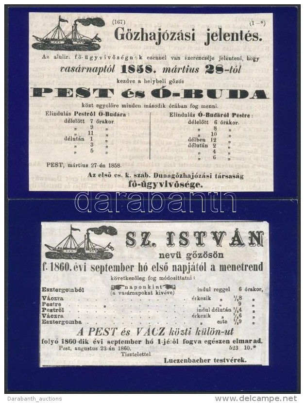 1858-1860 Szent István GÅ‘zös 2 Db Kartonra Ragasztott Hajózási Hirdetmény - Ohne Zuordnung