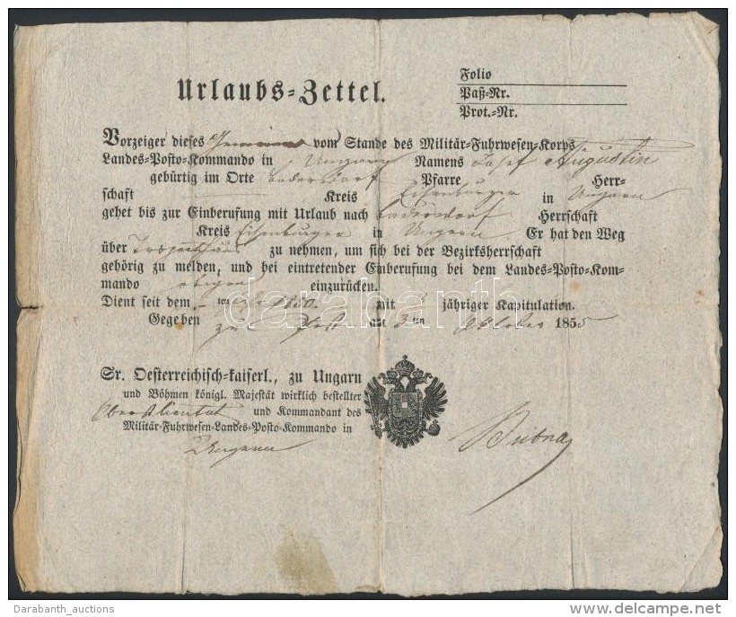 1855 Leszerelt Katona úti Cédulája / Urlaubszettel (passport)  Of Disarmed Soldier - Andere & Zonder Classificatie
