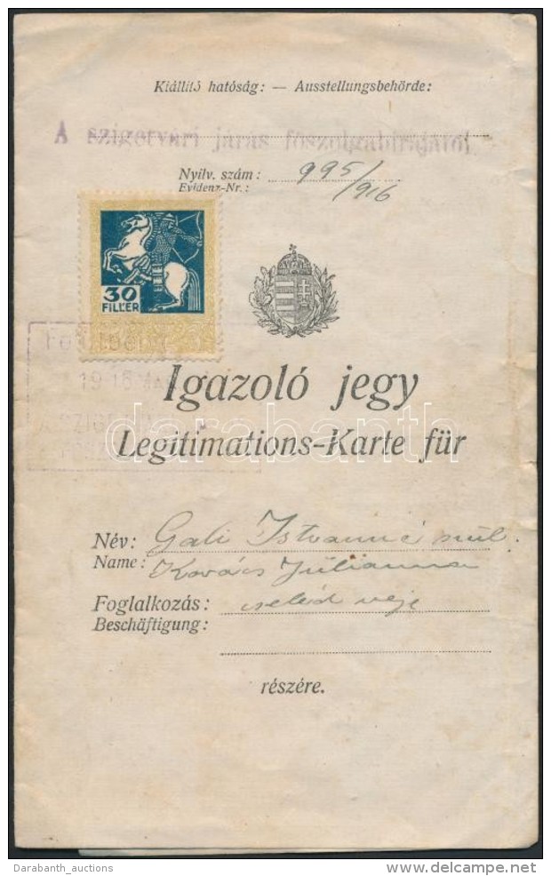 1916 Frontvonal átlépésére Jogosító Igazolvány - Altri & Non Classificati