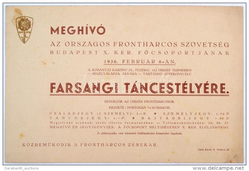 1935 Meghívó Az Országos Frontharcos Szövetség Táncestélyére. - Altri & Non Classificati