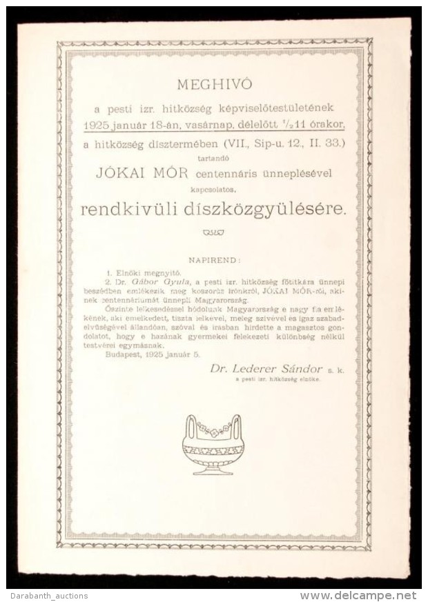 1925 Meghívó A Pesti Izraelita Hitközség Jókai ünnepére - Andere & Zonder Classificatie