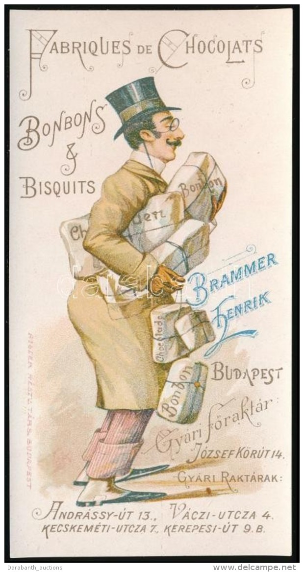 Brammer Henrik Budapest Fabriques De Chocolats Bonbon&amp;Bisquits Litho Számolócédula, 14x7... - Reclame