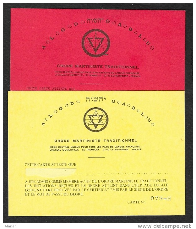 2 Cartes De Membre  De L'ORDRE MARTINISTE TRADITIONNEL - Autres & Non Classés