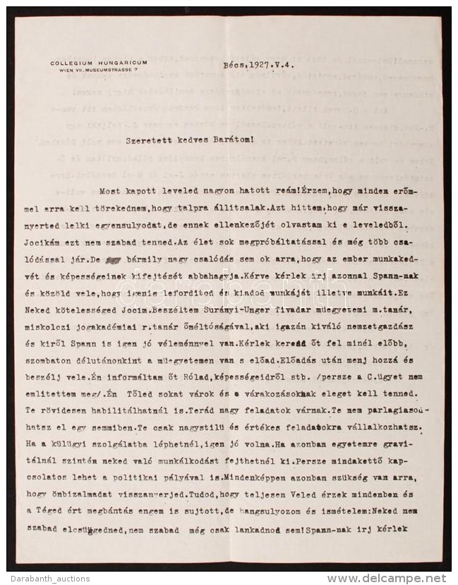 1927 Lábán Antal(1884-1957) A Bécsi Collegium Hungaricum Igazgatójának Levele... - Andere & Zonder Classificatie