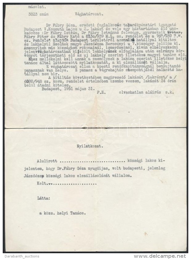 1951 Bp., Kitelepítési Határozat Másolat + Nyilatkozat - Zonder Classificatie