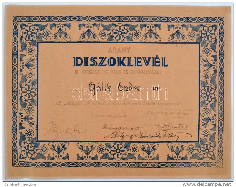 1939 A Magyar Muzsikus Arany Díszoklevele Gálik Endre (1907-?) ZeneszerzÅ‘nek A III. Országos... - Zonder Classificatie