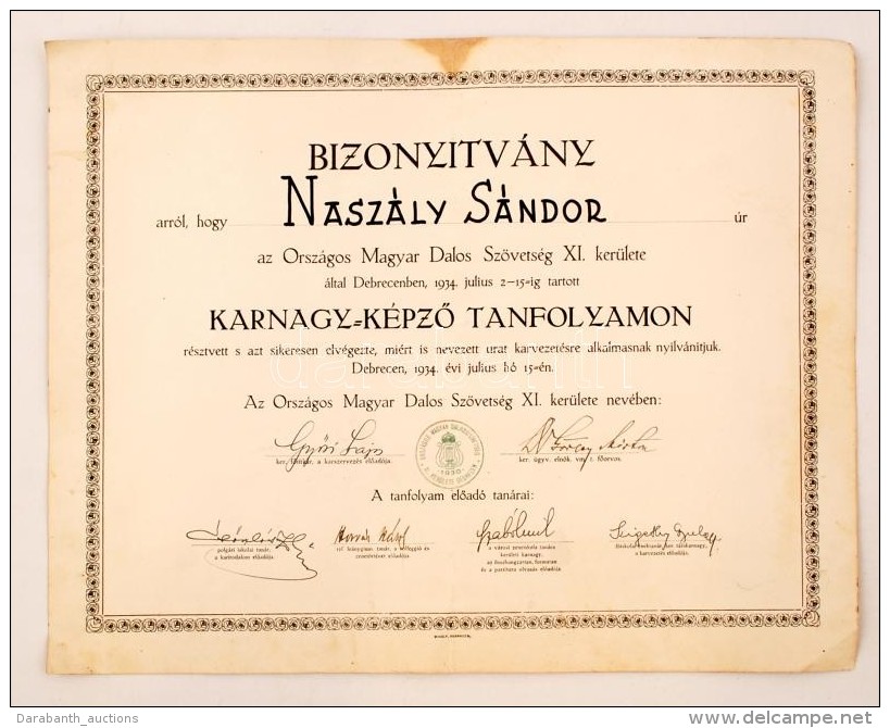 1934 Bizonyítvány Országos Magyar Dalos Szövetség Karnagy KépzÅ‘ Tanfolyam... - Zonder Classificatie