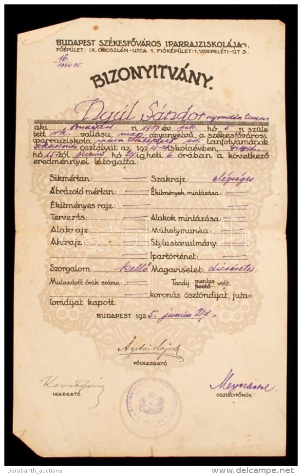 1925 Budapest SzékesfÅ‘város Iparrajziskola 2db Bizonyítványa - Zonder Classificatie