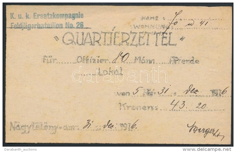 1916 'Quartierzettel' Szállásutalvány, K.u.K. Ersatzkompagnie, Nagytétény,... - Zonder Classificatie