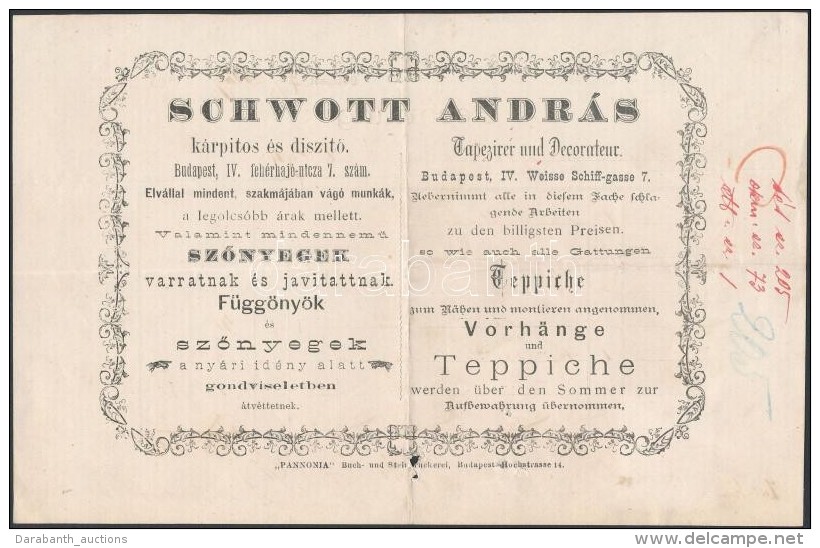 1893 Budapest, Fehérhajó Utca 7. Schwott András Kárpitos KétnyelvÅ±... - Zonder Classificatie