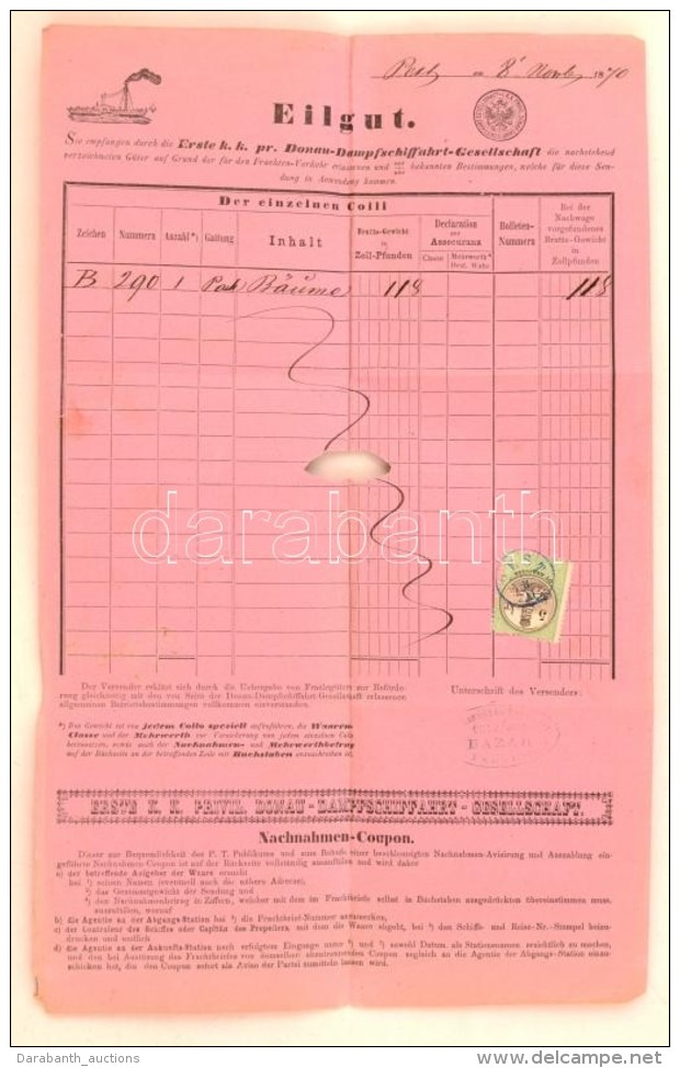 1870 DDSG Fuvarlevél Pest - Vác / DDSG Bill Of Freight - Non Classificati