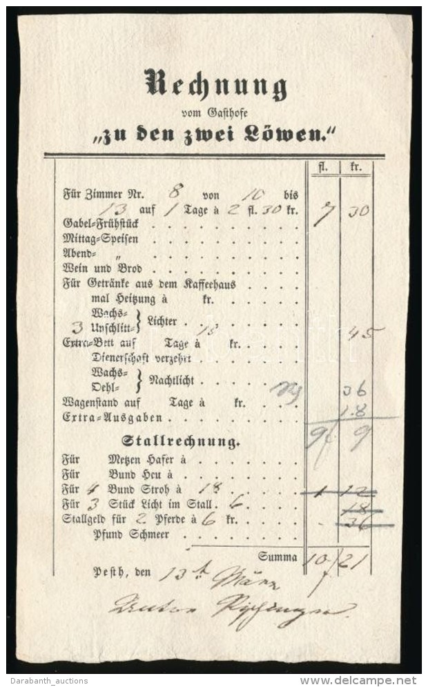 Cca 1800 Pest, A Két Oroszlán Szálloda Fejléces Számlája - Zonder Classificatie