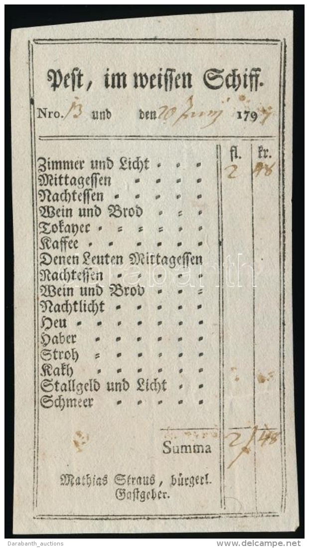 1797 Pest, A Fehér Hajó Szálloda Fejléces Számlája - Zonder Classificatie