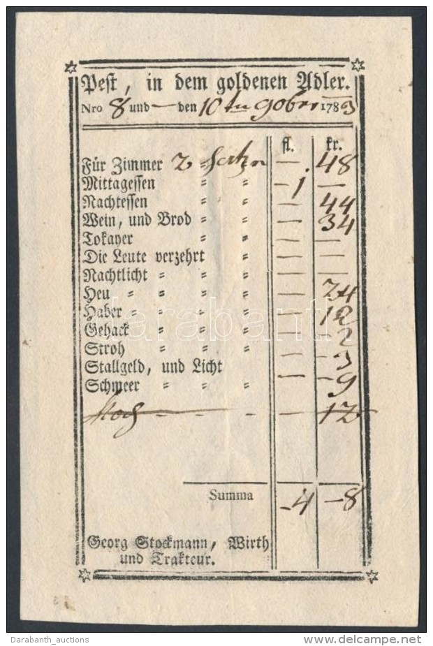 1783 Pest, Az Arany Sas Szálloda Fejléces Számlája - Non Classificati