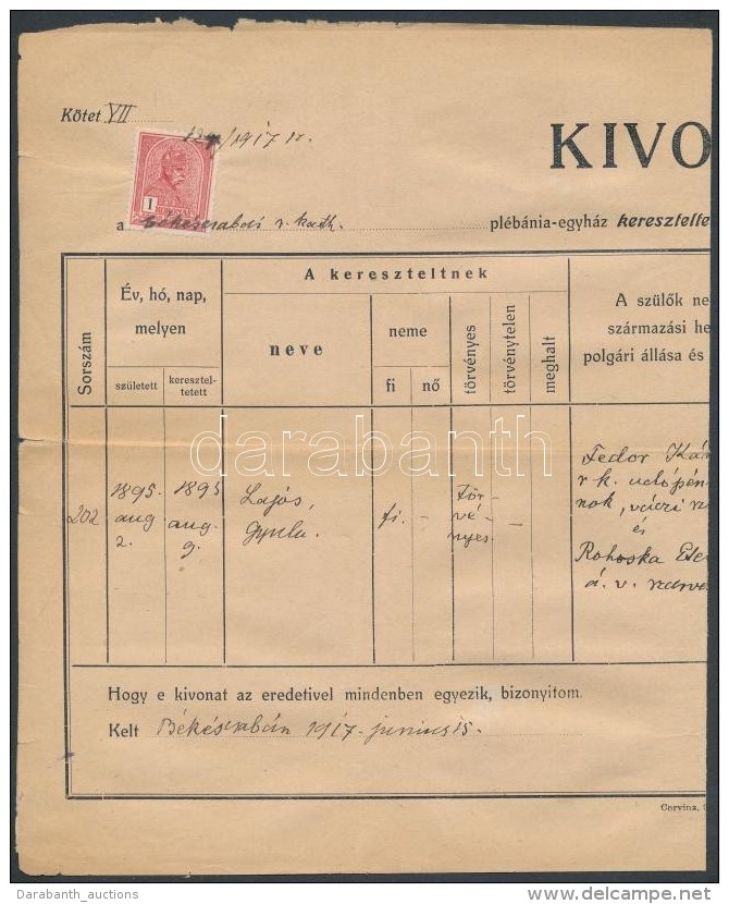 1917 Turul 1K Okmánybélyegként Felhasználva / Turul 1K Used As Fiscal Stamp On Document - Zonder Classificatie