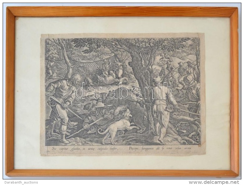 Cca 1595 Medvevadászat, Rézmetszet, Papír, Johannes Stradanus (Jan Van Der Straet/Giovanni... - Prenten & Gravure