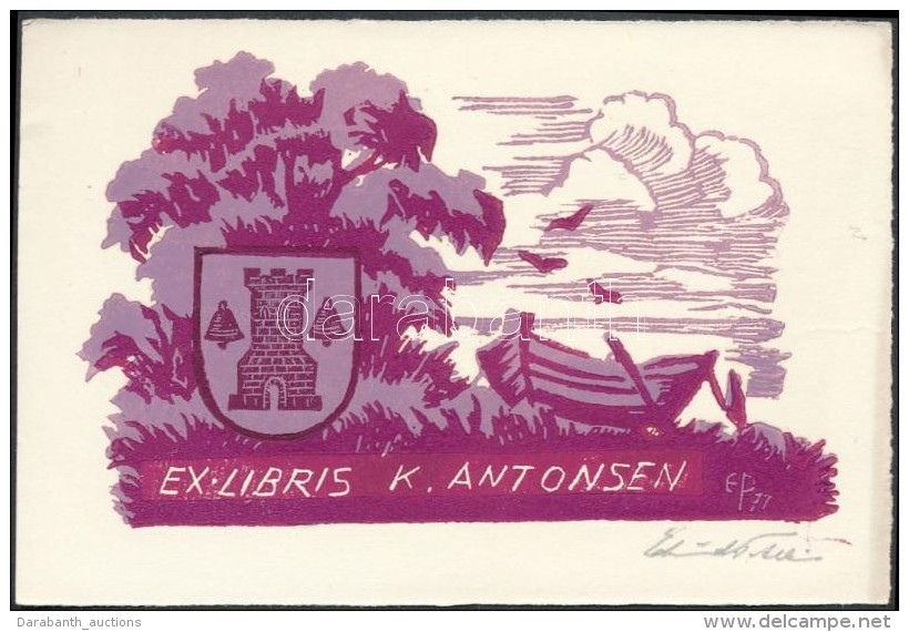 Olvashatatlan Jelzéssel: Ex Libris K Antonsen. Linó, Papír, Jelzett, 7x11 Cm - Andere & Zonder Classificatie