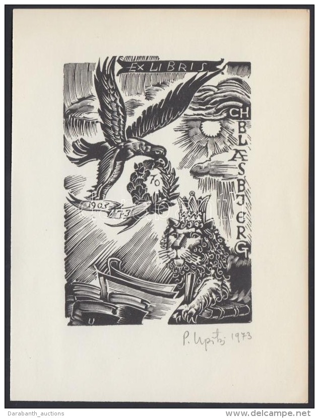 Peteris Upitis (1896-1976): Ex Libris Blasbjerg. Fametszet, Papír, Jelzett, 9&times;7 Cm - Andere & Zonder Classificatie