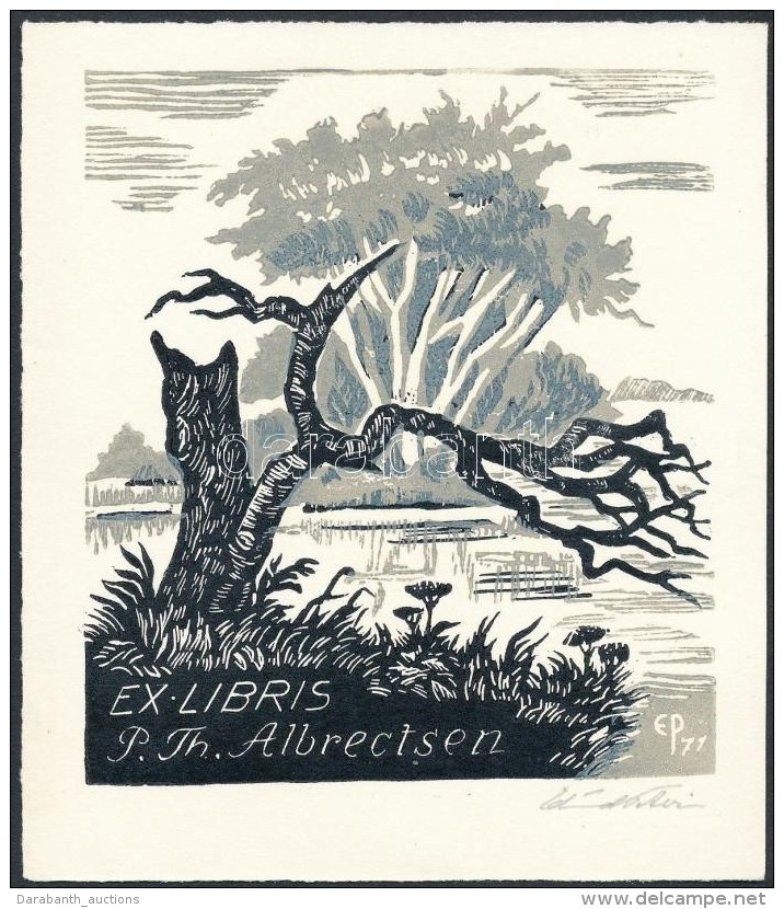 Edmund Peter (?-?): Ex Libris P. Th. Albrectsen. Fametszet-linómetszet, Papír, Jelzett, 9.5&times;8.5... - Altri & Non Classificati