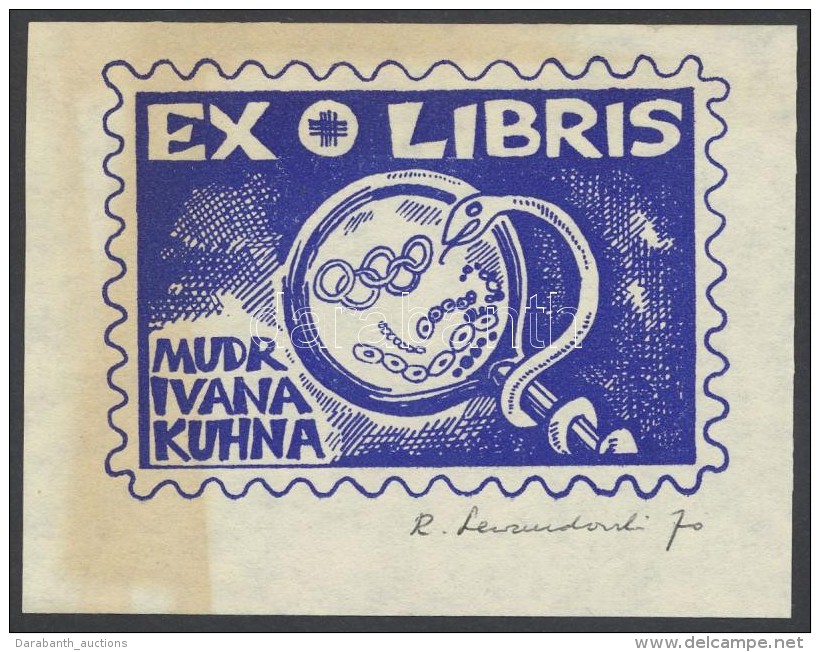 Lewandowski, Rajmund (1927- ): Ex Libris MUDr Ivana Kuhna, Klisé, Papír, Jelzett, 7,5&times;10 Cm - Altri & Non Classificati