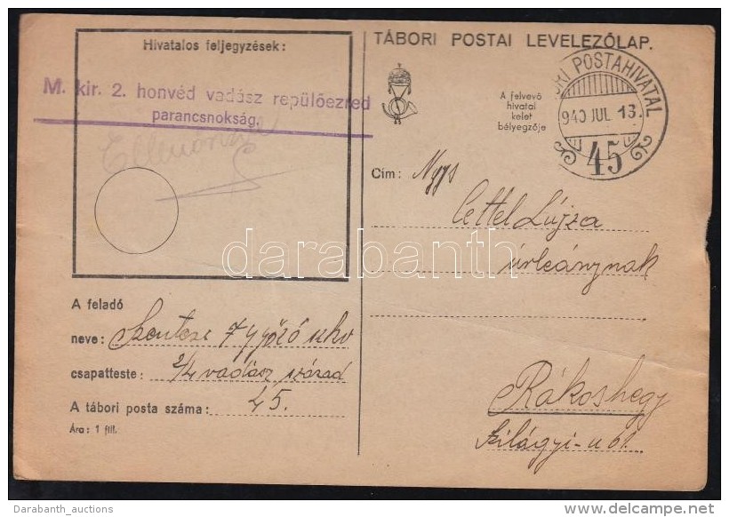 1940 Tábori Lap 'M. Kir. 2. Honvéd Vadász RepülÅ‘ezred Parancsnokság' / Field Post... - Andere & Zonder Classificatie