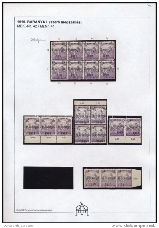 ** Baranya I. 1919 Arató 45f/15f 5 Db összefüggés Nyomdai Eltérésekkel, Bodor... - Altri & Non Classificati