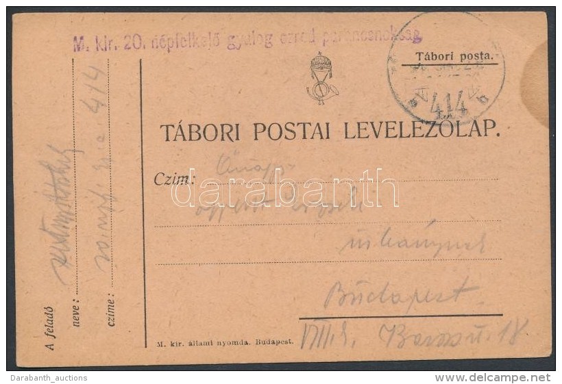 ~1918 Tábori Posta LevelezÅ‘lap / Field Postcard 'M. KIR. 20. NépfölkelÅ‘ Gyalog Ezred... - Andere & Zonder Classificatie