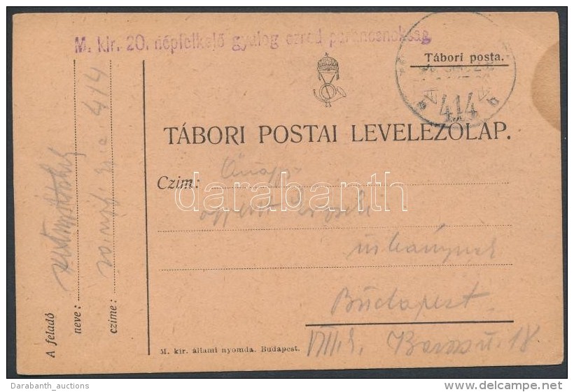 ~1918 Tábori Posta LevelezÅ‘lap / Field Postcard 'M. KIR. 20. NépfölkelÅ‘ Gyalog Ezred... - Altri & Non Classificati