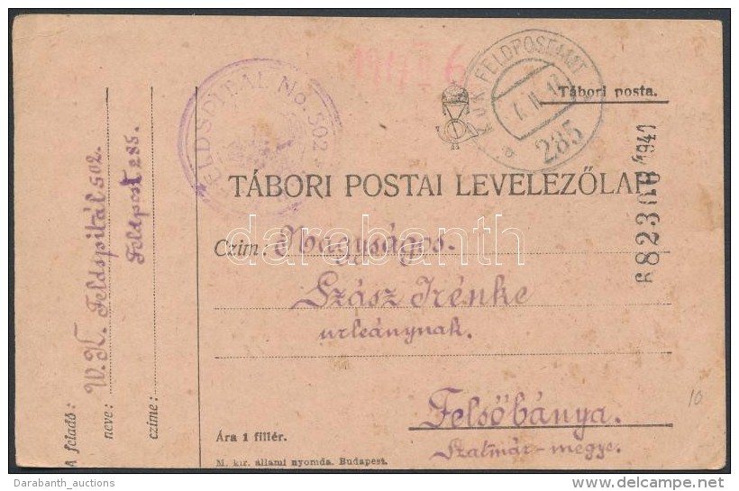 1917 Tábori Posta LevelezÅ‘lap / Field Postcard 'FELDSPITAL No.502.' + 'FP 285 A' - Andere & Zonder Classificatie