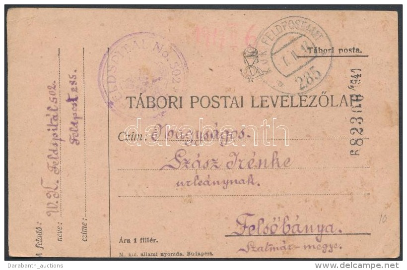 1917 Tábori Posta LevelezÅ‘lap / Field Postcard 'FELDSPITAL No.502.' + 'FP 285 A' - Altri & Non Classificati