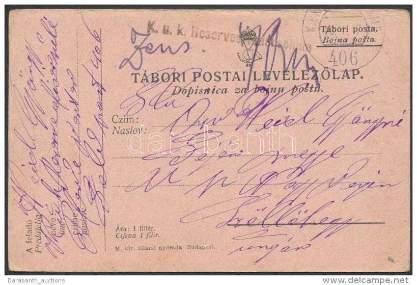 1917 Tábori Posta LevelezÅ‘lap / Field Postcard 'K.u.k. Reserveoffizierschule' + 'FP 406' - Andere & Zonder Classificatie