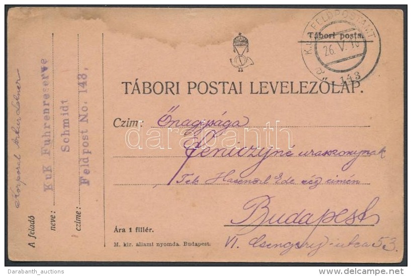 1916 Tábori Posta LevelezÅ‘lap / Field Postcard 'K.u.k. Fuhrenreserve' + 'FP 143 A' - Andere & Zonder Classificatie