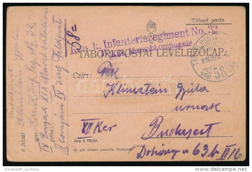 1916 Tábori Posta LevelezÅ‘lap 'K.u.k. Infanterieregiment No.32.' + 'TP 58' - Andere & Zonder Classificatie