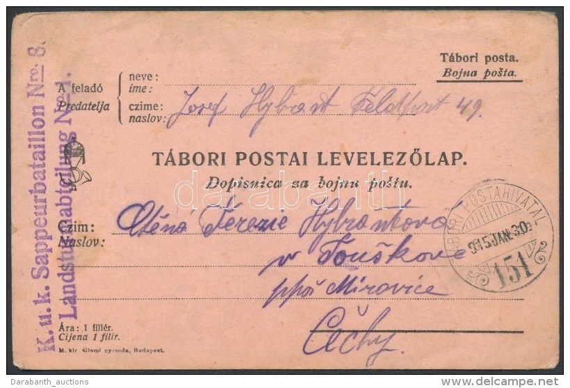 1915 Tábori Posta LevelezÅ‘lap / Field Postcard 'K.u.k. Sappeurbataillon Nr.8. Landsturmabteilung Nr.1.' +... - Andere & Zonder Classificatie