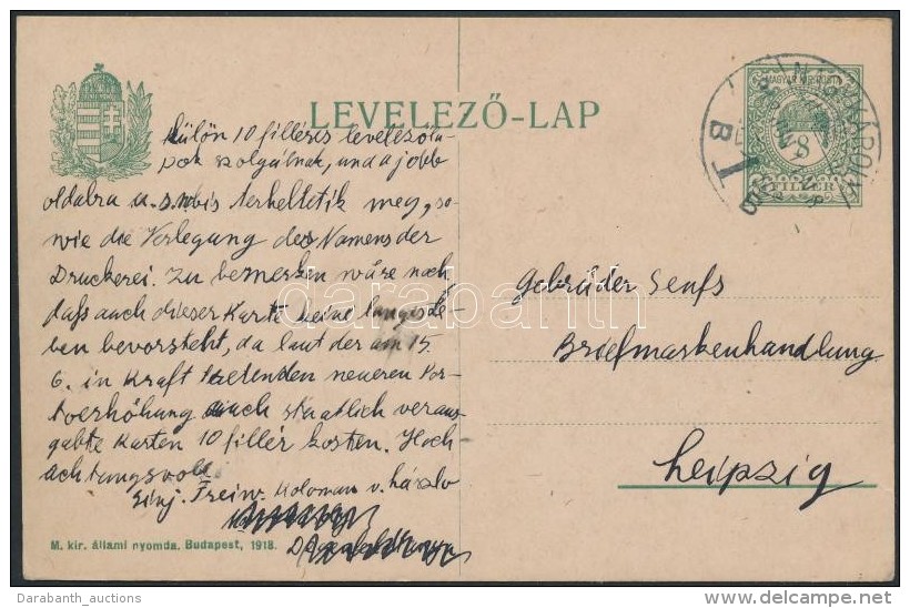 1918 Az új Típusú Díjjegyes LevelezÅ‘lap A Senf Testvéreknek Lipcsébe Az... - Altri & Non Classificati