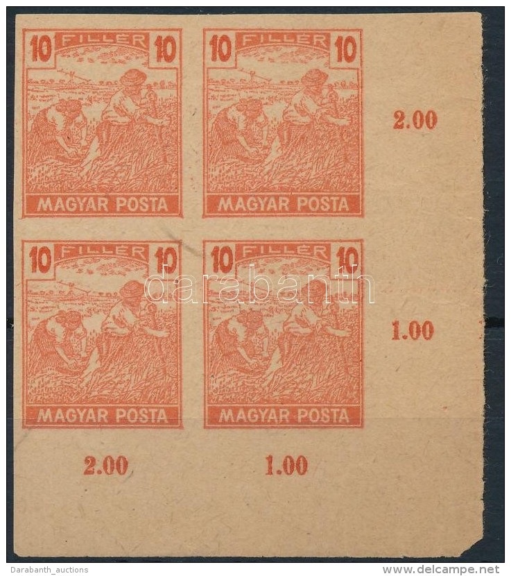 1919 Magyar Posta 10f ívsarki Négyestömb Próbanyomat - Altri & Non Classificati