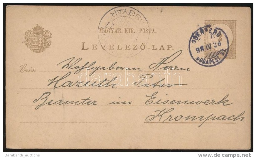 1898 2 Kr Díjjegyes LevelezÅ‘lap ODENBERG - BUDAPEST 32. Vasúti Bélyegzéssel - Andere & Zonder Classificatie