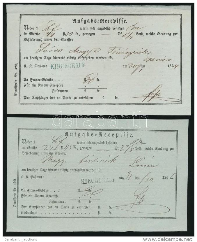 1864-1866 2 Db Aufgabs-Recepisse Kék Ill. Fekete 'KIRCGDRAUF' Bélyegzéssel - Altri & Non Classificati