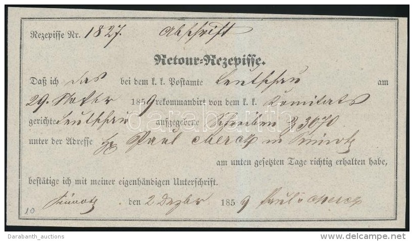 1859 Retour Recepisse Leutschau - Altri & Non Classificati