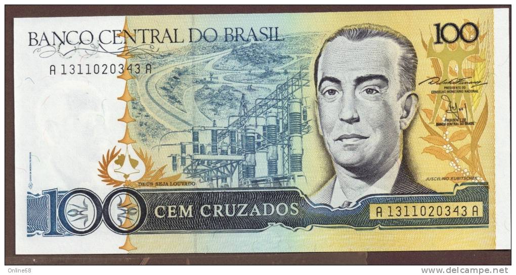 BRASIL 100 CRUZADOS ND (1986-1988) SERIE A  P# 211b  Signatures: Dilson Funaro & Francisco Gros UNC - Brazil