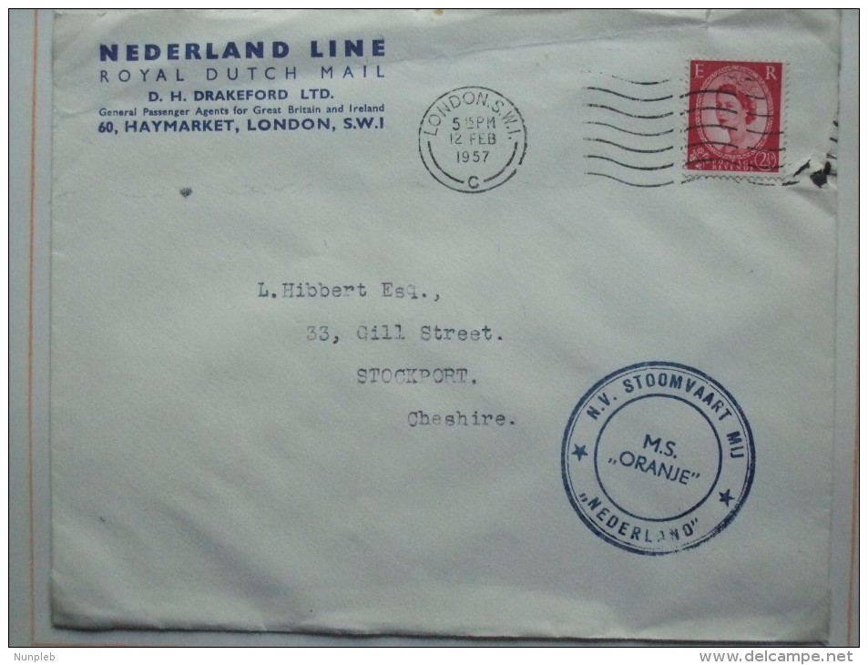 GB 1957 COVER FROM M.S. ORANJE NEDERLAND LINE WITH SHIP`S CACHET - Covers & Documents