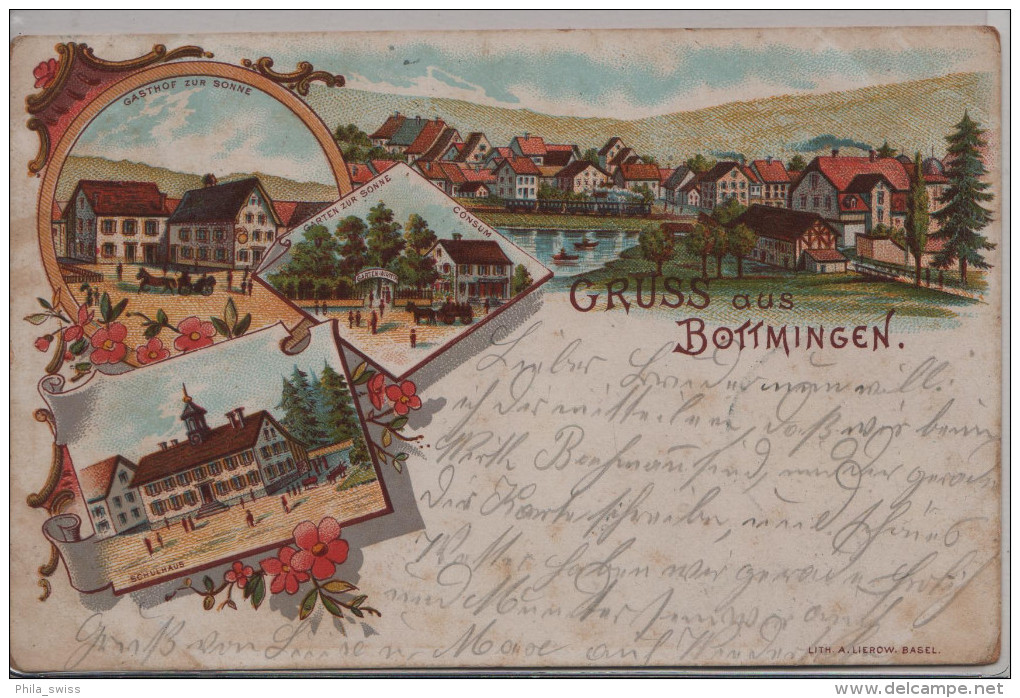 Gruss Aus Bottmingen - Gasthof Zur Sonne, Schulhaus, Garten Zur Sonne, Consum, Totalansicht - Farbige Litho - Bottmingen