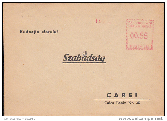 47650- AMOUNT 0.55, RED MACHINE STAMP ON COVER, ADRESSED TO SZABADSAG NEWSPAPER-CAREI, ROMANIA - Altri & Non Classificati
