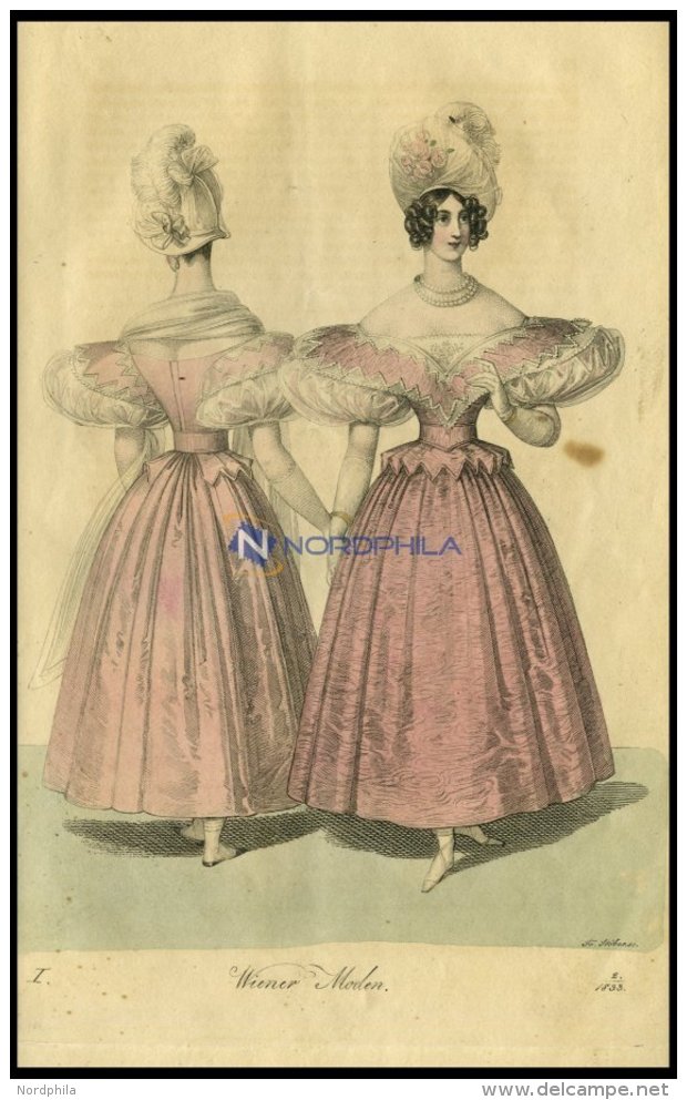 Wiener-Moden - Kleid Von Rosa Satin Chiné - Dazu Ein Atlas-Barret - (Vorder-und Rückenansicht) Vom Damenklei - Lithographies