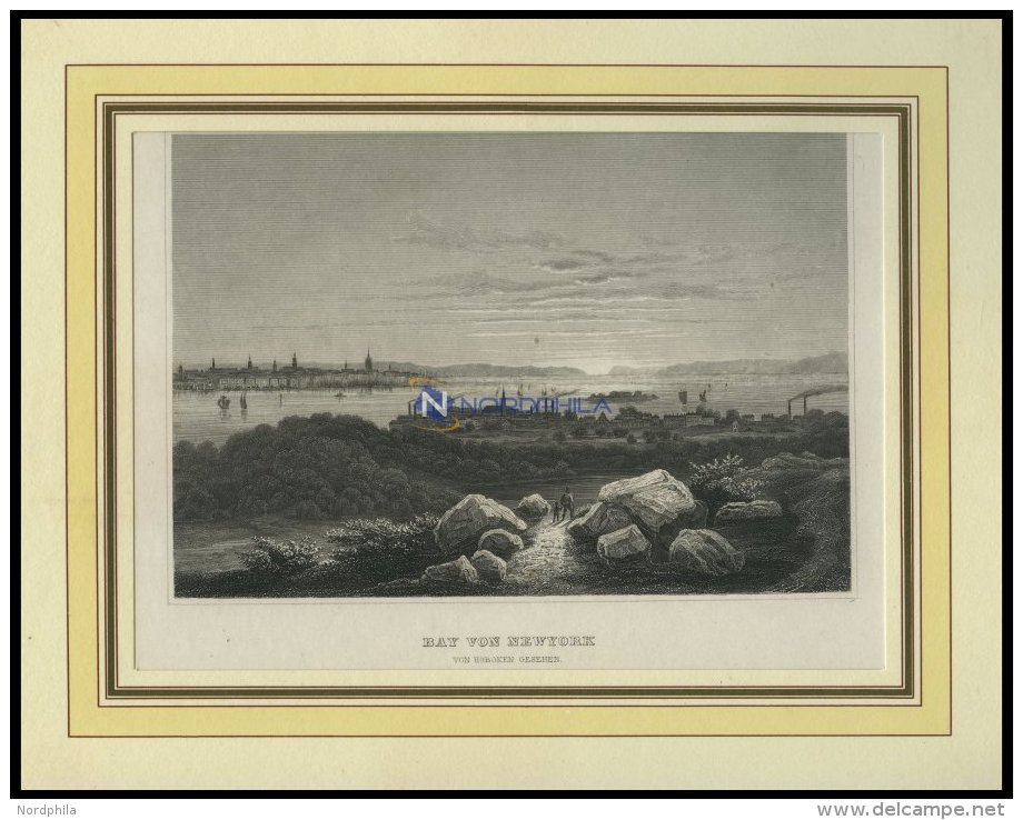 USA: New York, Der Bay Von New York Von Hoboken Ausgesehen, Stahlstich Von B.I. Um 1840 - Lithographies