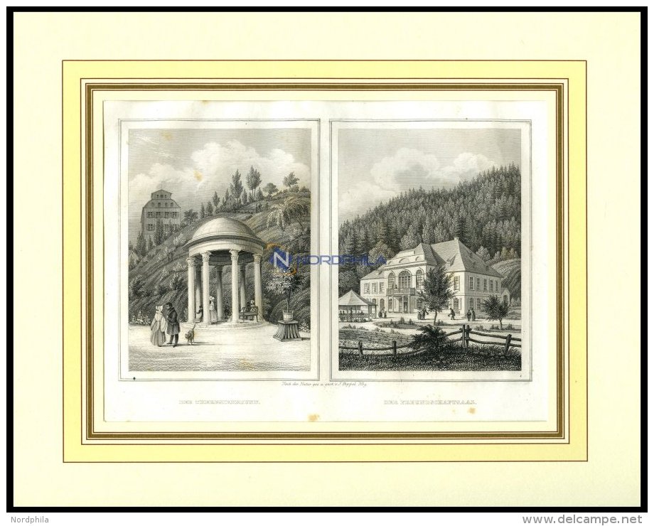 KARLSBAD: Der Theresienbrunn Und Der Freundschaftssaal, 2 Ansichten Auf Einem Blatt, Stahlstich Von Poppel, 1840 - Lithographies