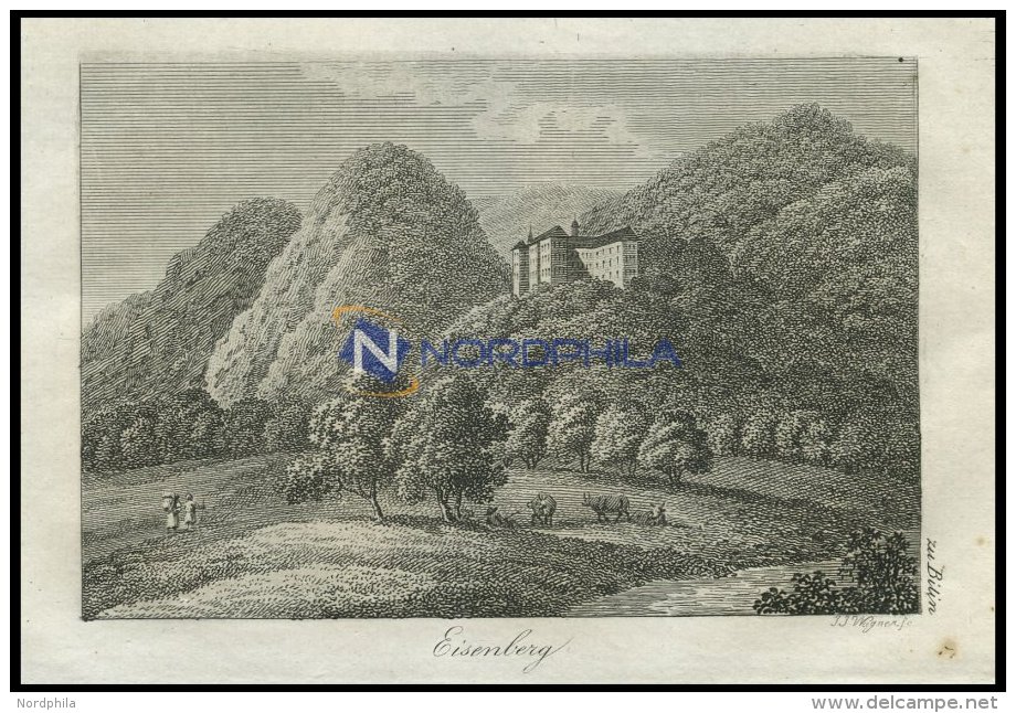 EISENBERG, Zu Bilin/Kgr. Böhmen: Bergschloß Mit Garten Und Wanderern, Kupferstich Von J. J. Wagner Von 1820 - Lithographies