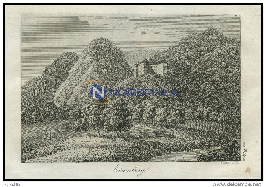 EISENBERG, Zu Bilin/Kgr. Böhmen: Bergschloß Mit Garten Und Wanderern, Kupferstich Von J. J. Wagner Von 1820 - Litografia